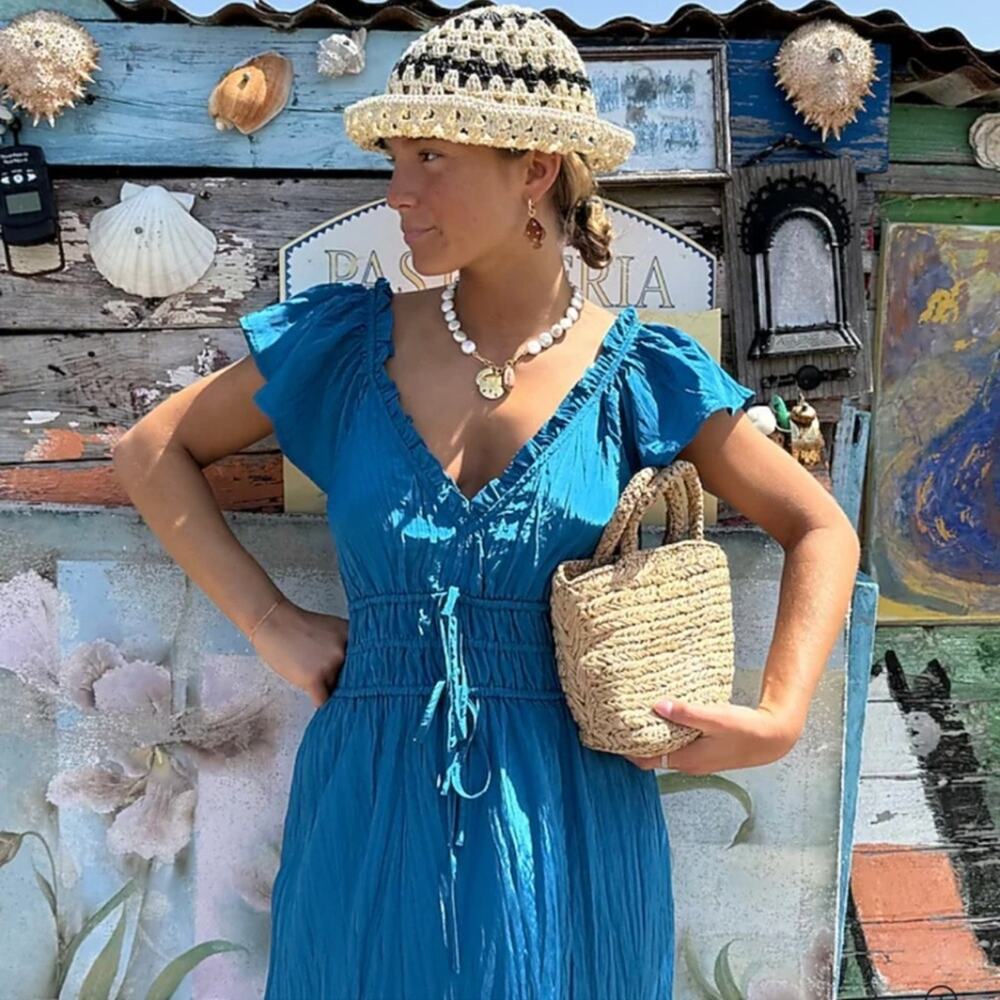J Crew Palermo Viscose Blend Crinkle Sea Blue Travel Midi Dress Size LP NWT - Picture 2 of 16